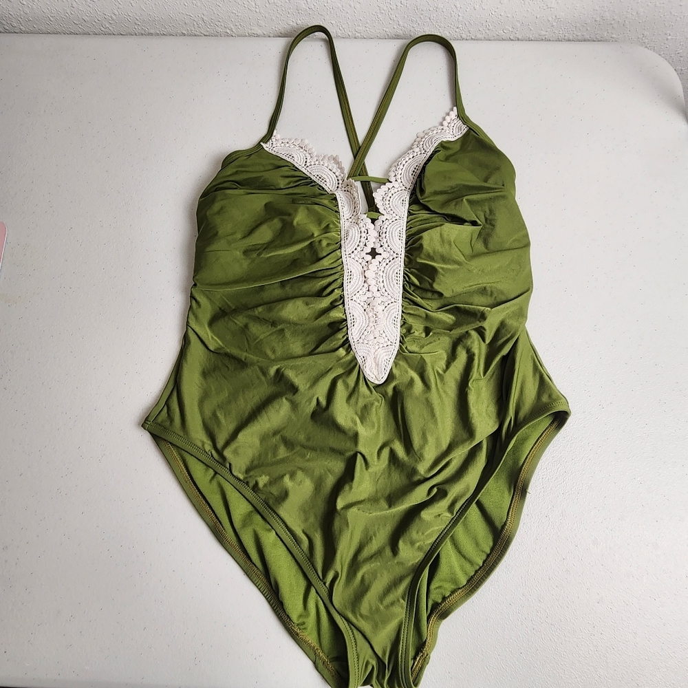 Green Lace Plunge One Piece Swimsuit Crisscross Back Ruched Front Plus Size XL